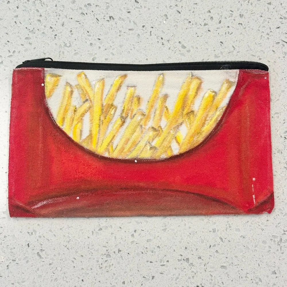 French Fry Pencil Case Beauty/Stationary Bag Handmade Acrylic Paints 7 1/2”L x 5